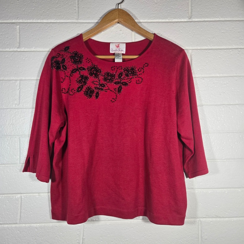 Vtg Quacker Factory Beaded Floral Sweater 1X 3/4 Sleeve Cotton Blend Embellished